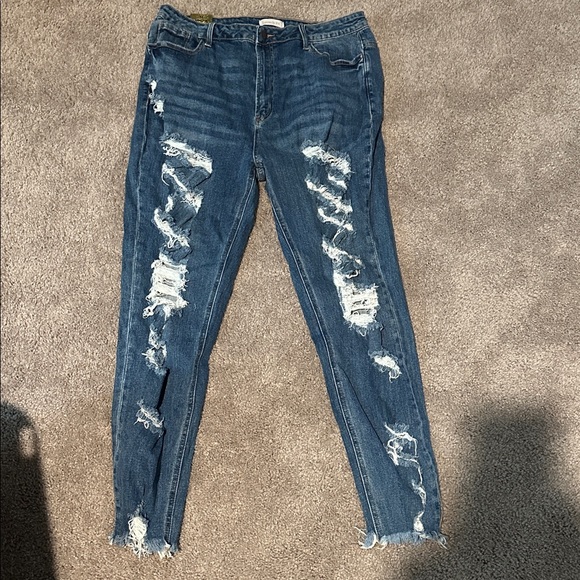 Loverly Fit high waist Washed Medium Blue Denim Frayed Hem Distressed Jeans - Picture 1 of 6